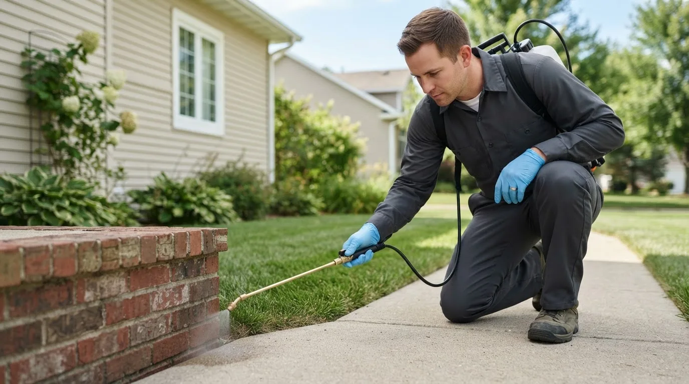Pest control technician treating a home near Seymour, CT